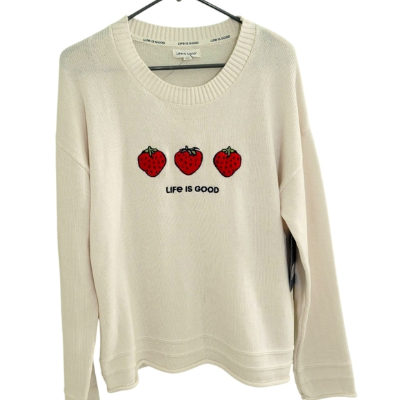 Life Is Good Cotton Blend "Strawberry" Cream Knit Pullover Sweater S - Picture 2 of 8